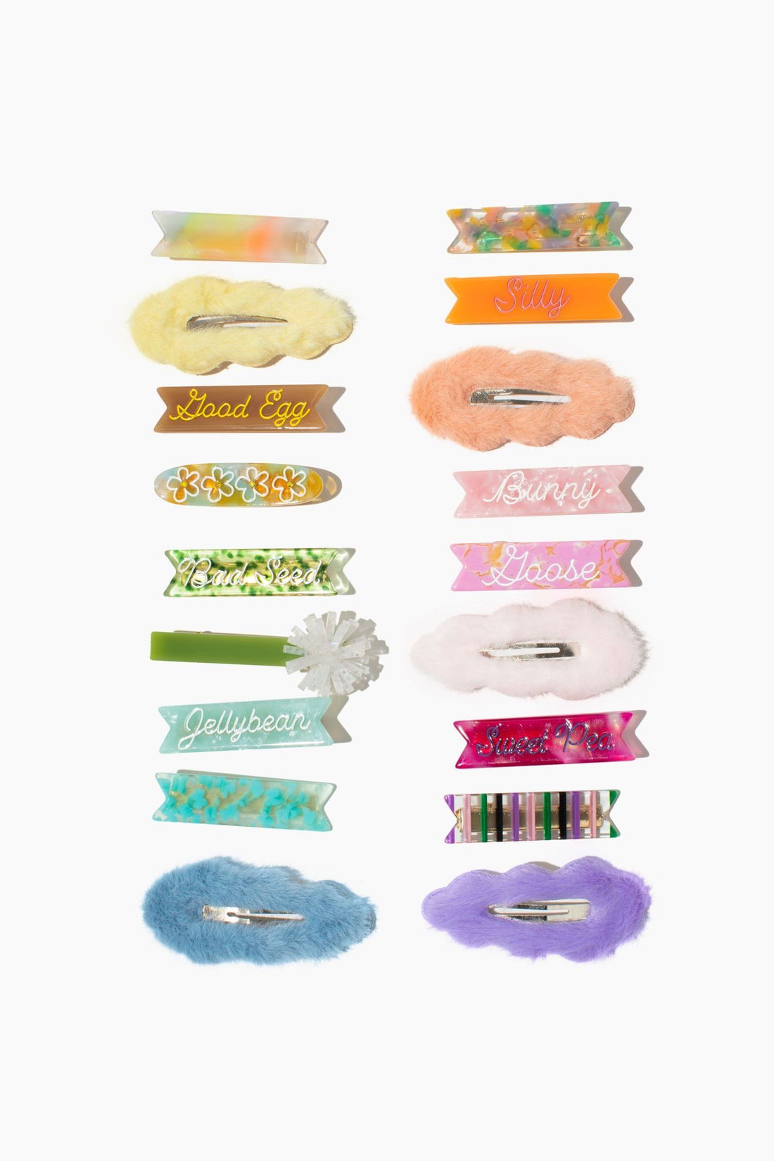 eugenia hair clips spring 2023 2024 fuzzy fur snap hair clips good egg silly goose bunny jellybean easter bad seed flower sweet pea iris stripe hair clips barrettes