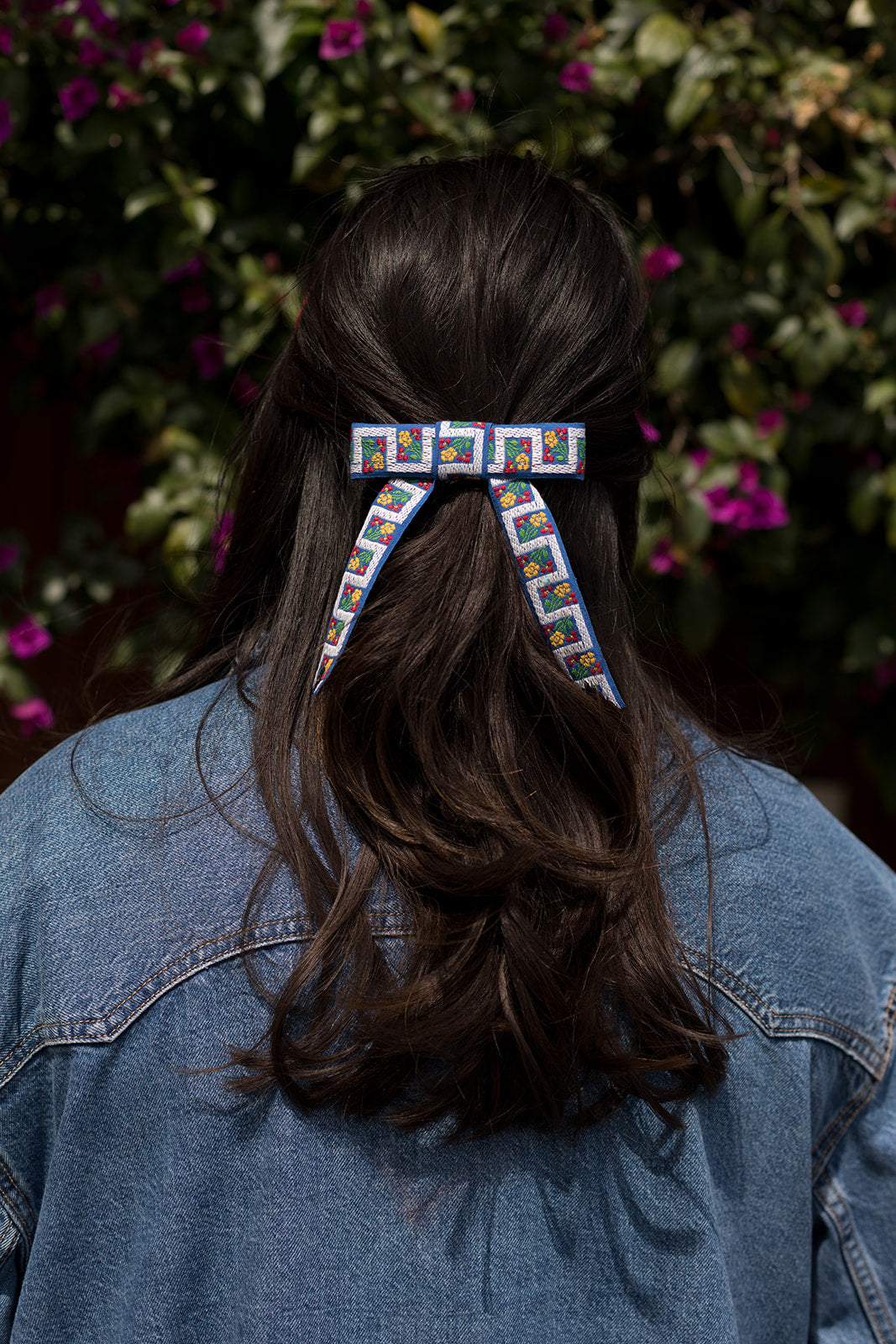 Blue Scandinavian Floral Woven Ribbon Hair Bow Clips