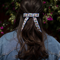 Blue Scandinavian Floral Woven Ribbon Hair Bow Clips